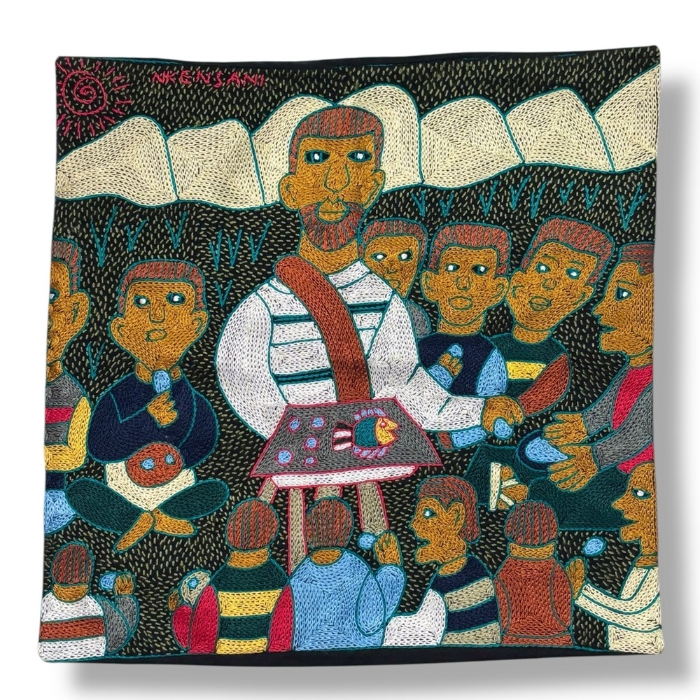 KAROSS Hand Embroidered Cushion Cover by Nkesani- Jesus Fishes & Loaves RARE